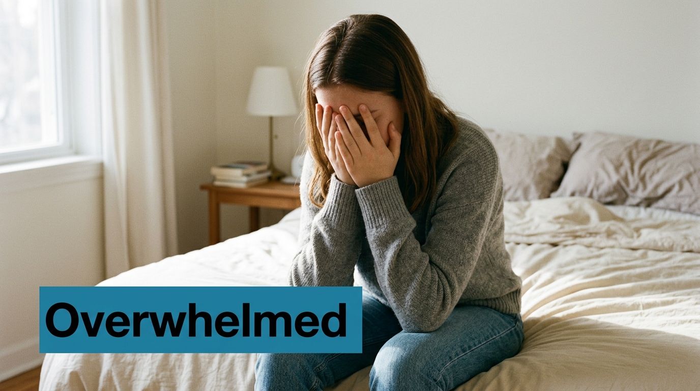 A young woman sitting on her bed with her head in her hands, looking visibly overwhelmed.