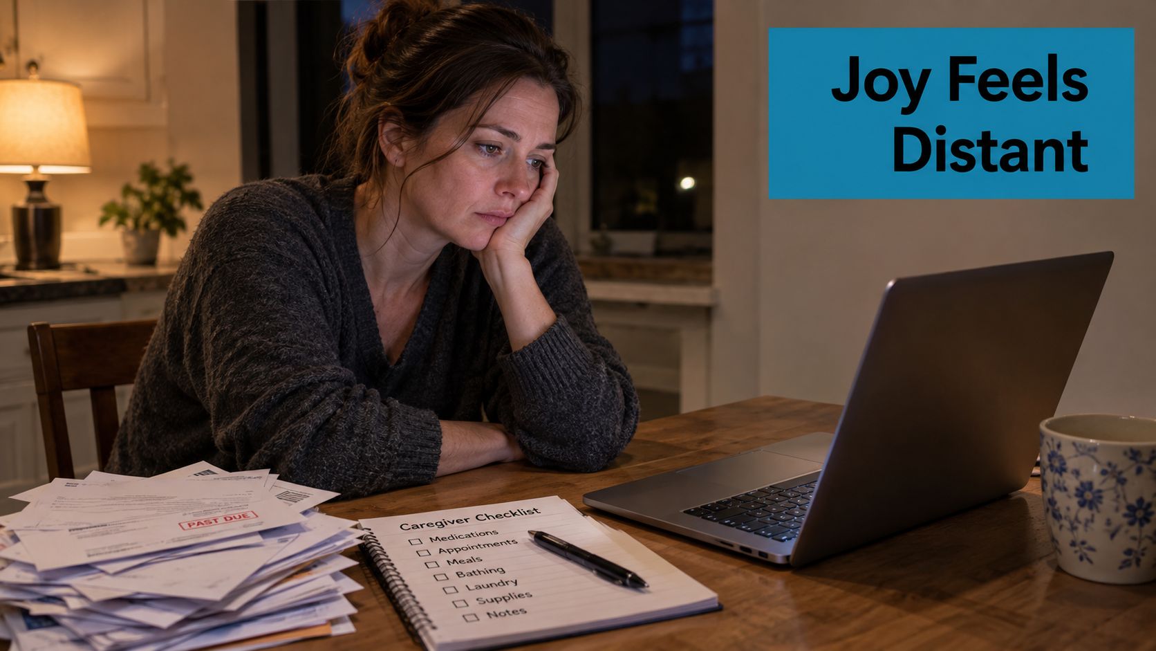 A tired woman sits at a table with a laptop, looking at a caregiver checklist and bills.