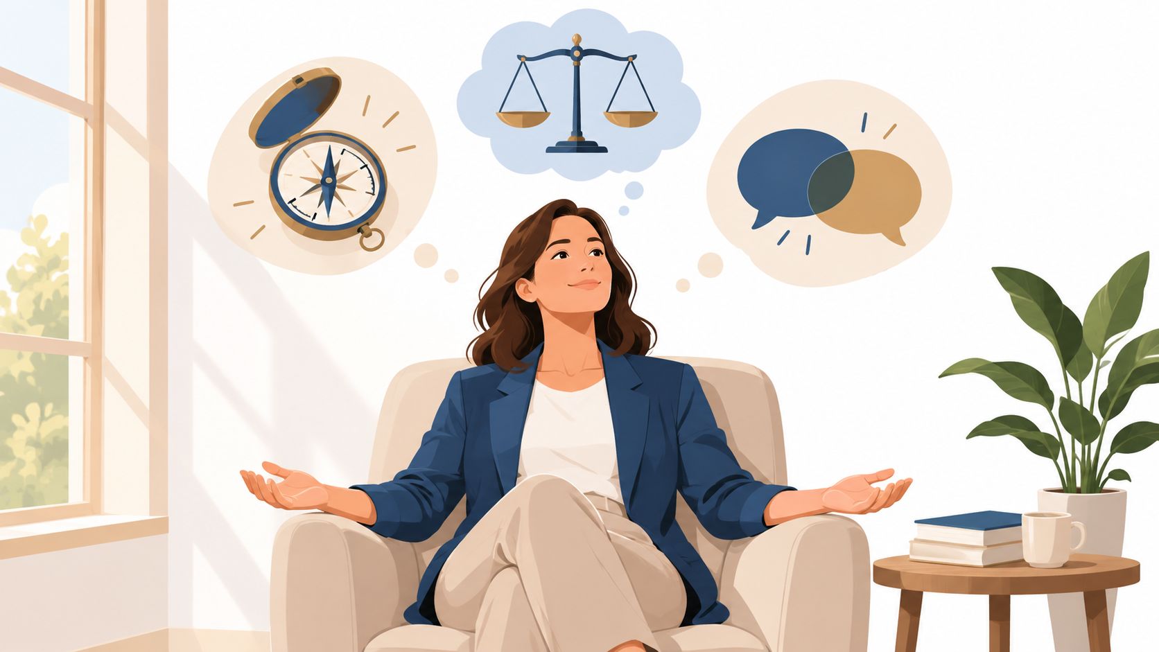 A professional woman sitting in an armchair contemplating concepts of direction, justice, and effective communication.