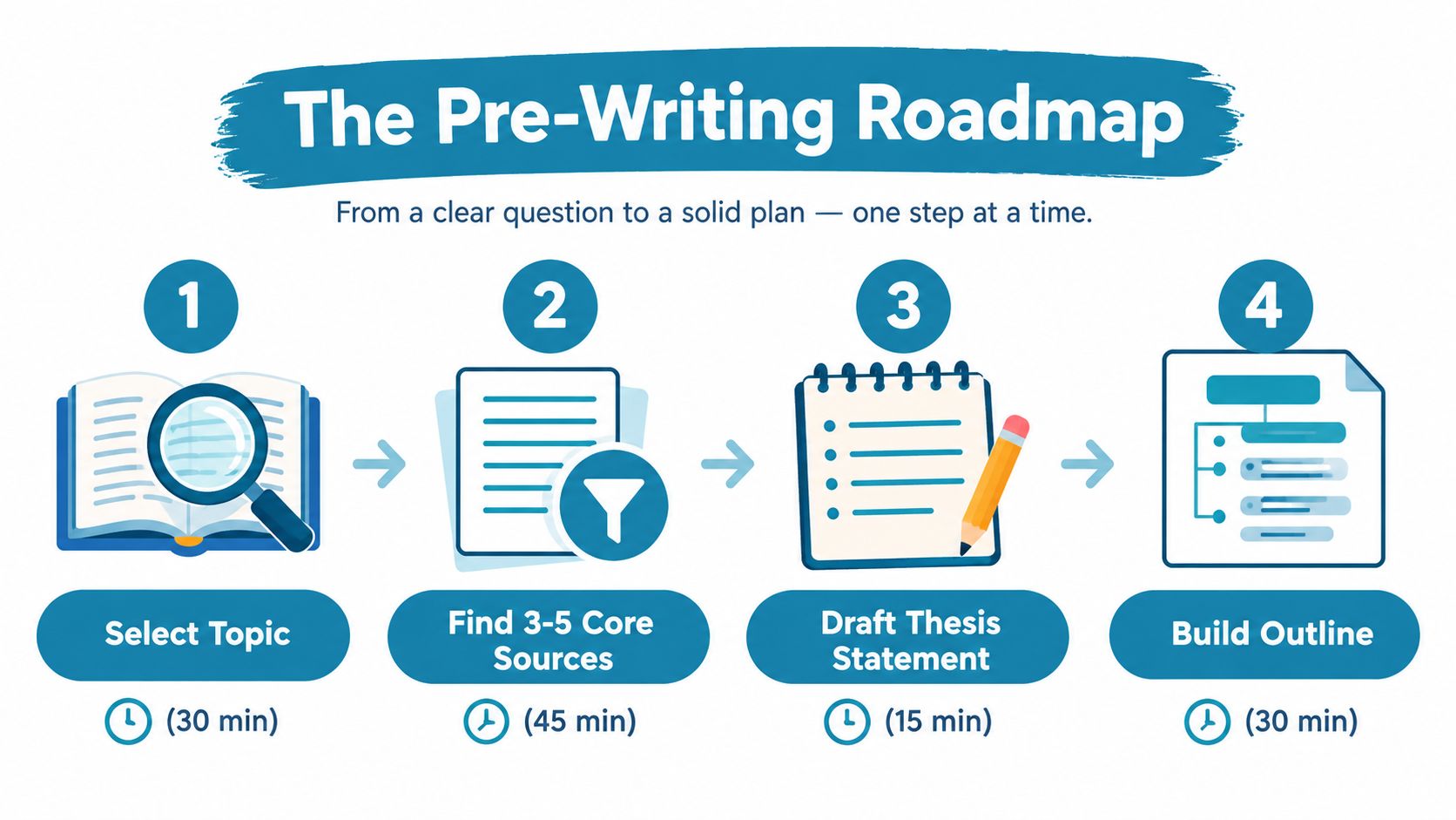 A flowchart titled The Pre-Writing Roadmap detailing four essential steps to plan a writing project effectively.