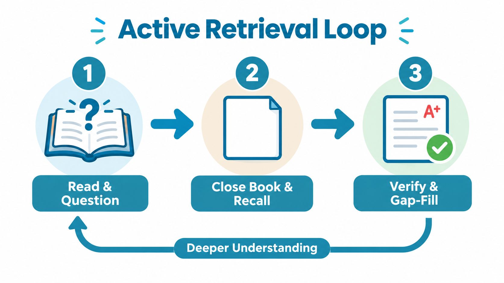A diagram illustrating the three-step active retrieval loop for effective learning, study, and academic research.
