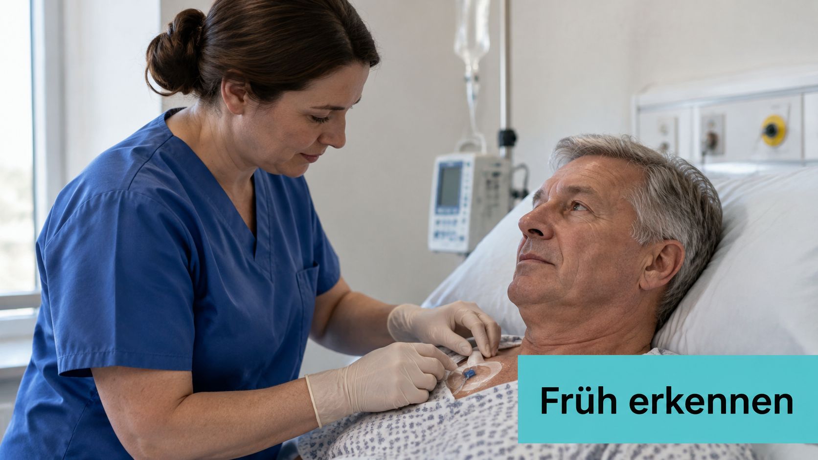 Eine Pflegekraft versorgt medizinisch die Einstichstelle eines zentralen Venenkatheters bei einem älteren Patienten im Krankenhausbett.