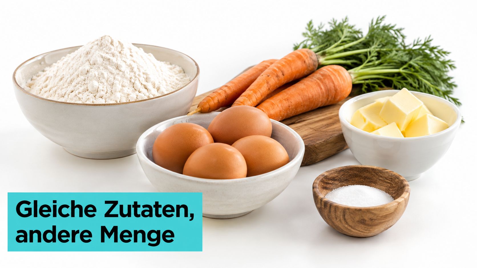 Eine Schüssel mit Mehl, Eier, Karotten, Butter und Salz auf einer weißen Oberfläche für Rezepte.