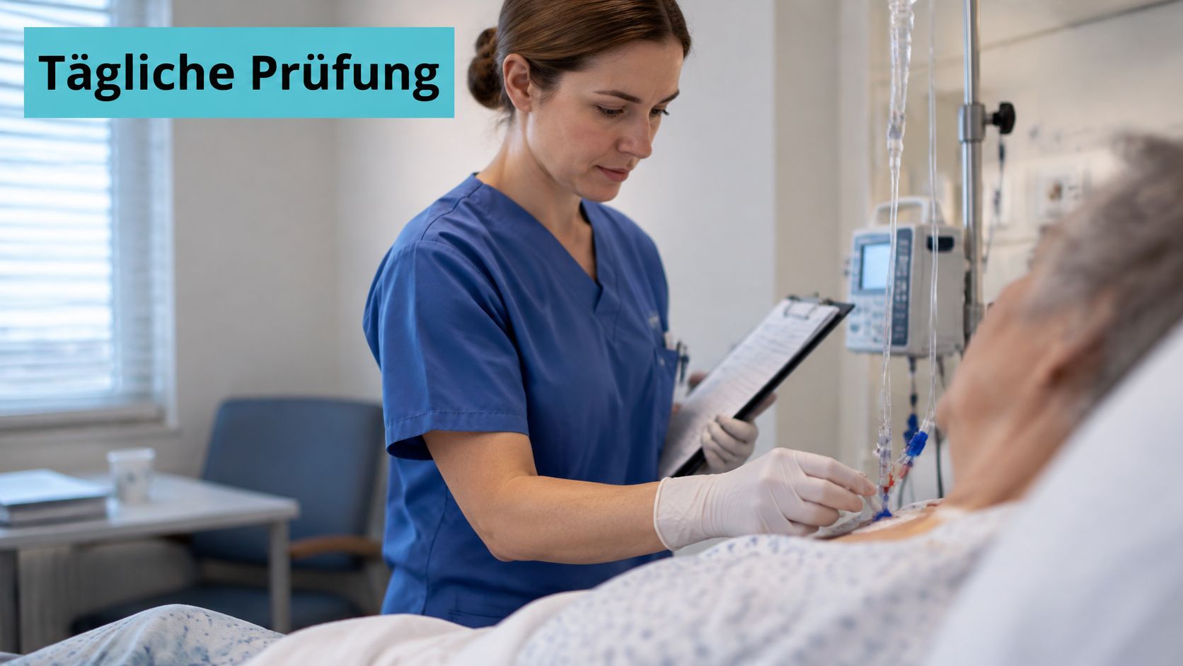 Eine Krankenschwester überprüft den zentralen Venenkatheter eines Patienten in einem Krankenhauszimmer während ihrer täglichen Routineuntersuchung.