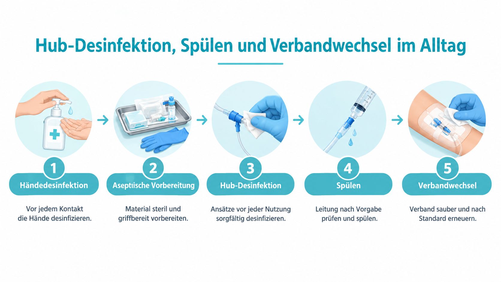 Eine Infografik mit fünf Schritten für die hygienische Pflege von zentralen Venenkathetern, inklusive Desinfektion und Verbandwechsel.