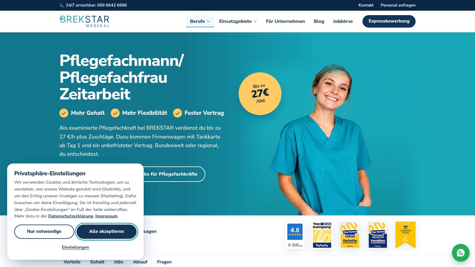 Pflegefachkraft in Zeitarbeit mit Firmenwagen bei BREKSTAR