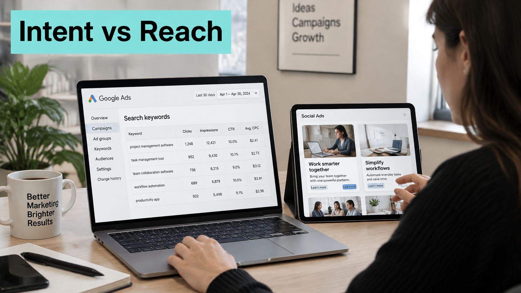 A person using a laptop and tablet to compare search engine keyword performance and social media ads.