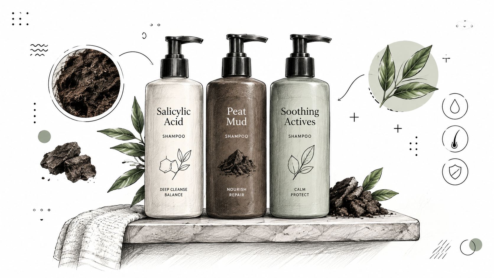 Three bottles of natural shampoo featuring salicylic acid, peat mud, and soothing actives on a stone shelf.