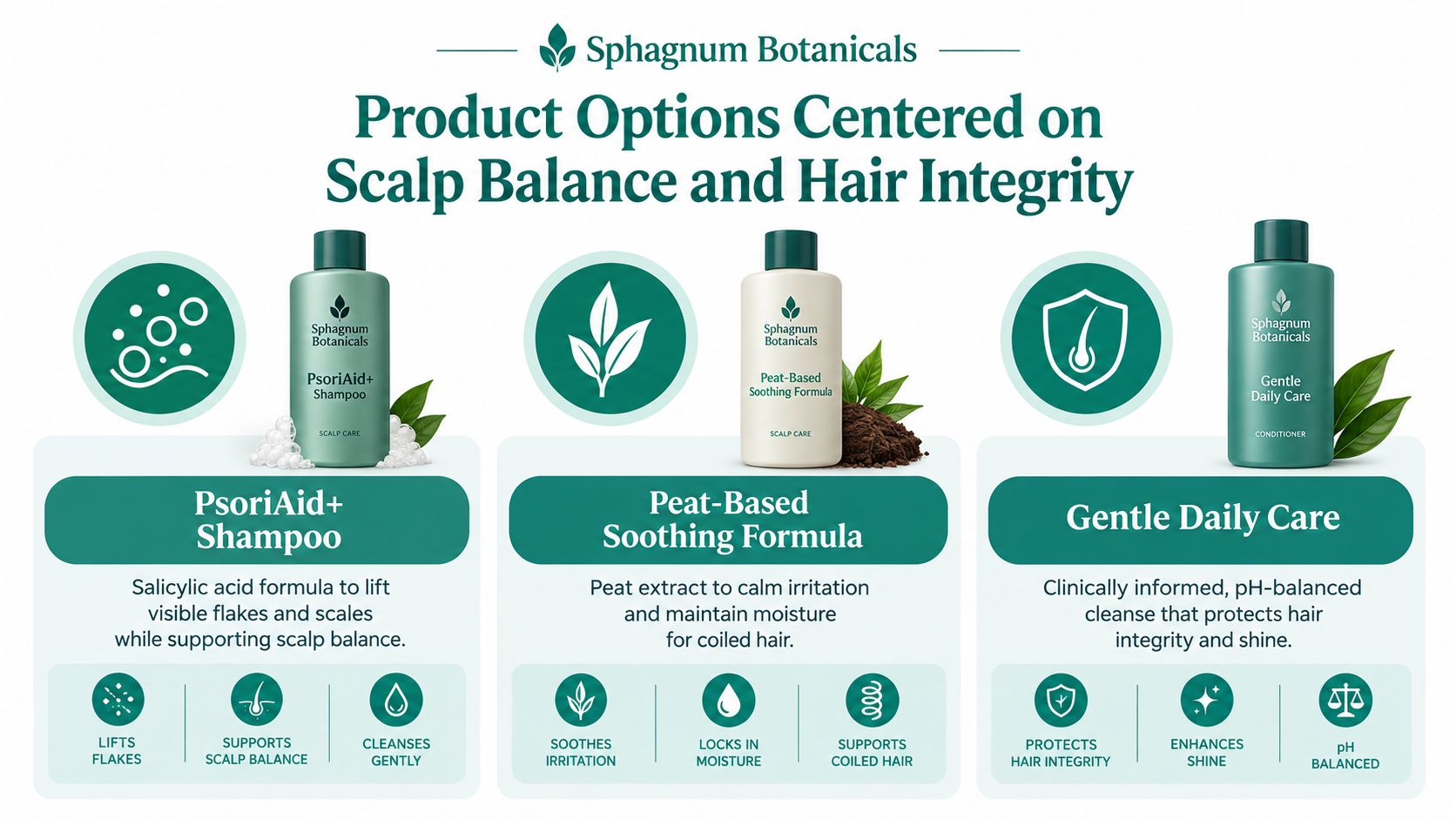 Three Sphagnum Botanicals hair care products for scalp balance and hair integrity shown with benefit descriptions.