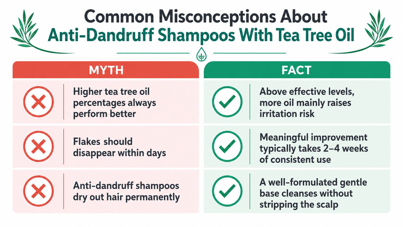 A comparison chart listing common myths and facts about using anti-dandruff shampoos containing tea tree oil.