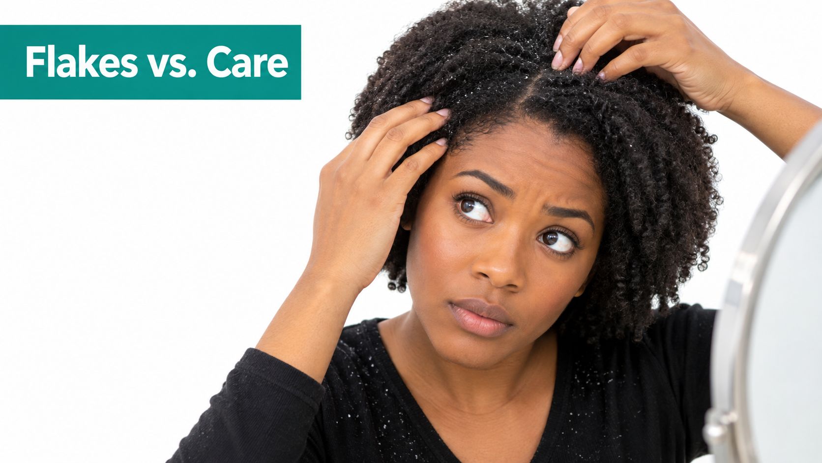 A woman with dark curly hair checking her scalp for dandruff flakes while looking in the mirror.