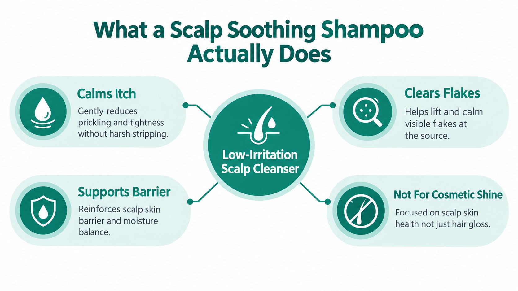 An infographic detailing the benefits of using a low-irritation scalp soothing shampoo for improved scalp health.