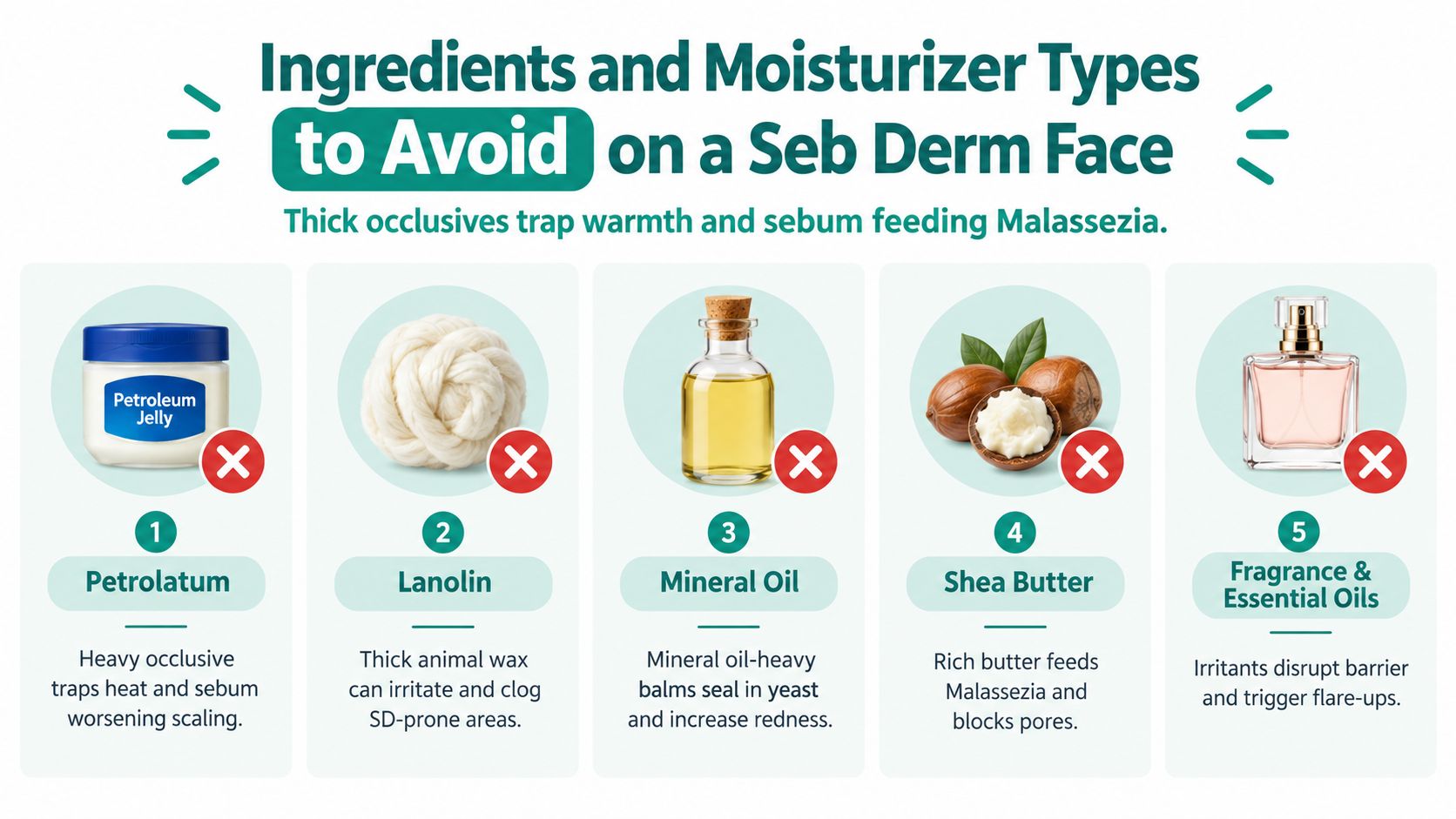 A helpful chart showing five skincare ingredients like petrolatum and fragrance to avoid for seborrheic dermatitis.