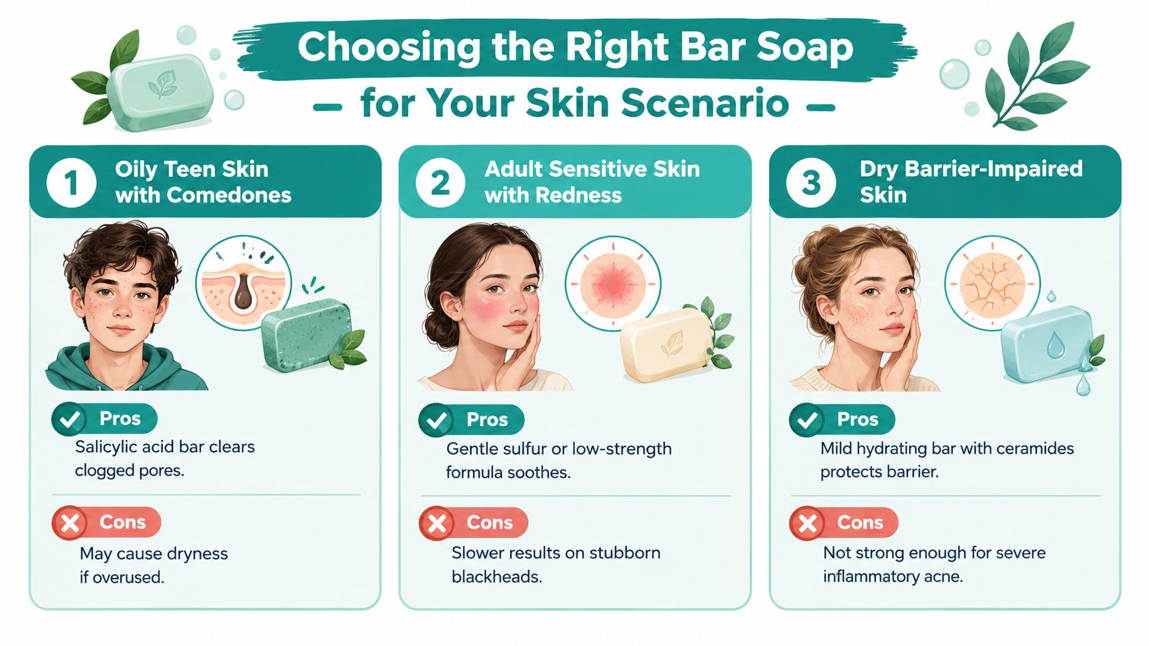 A visual guide comparing different types of bar soaps for oily, sensitive, and dry skin conditions.