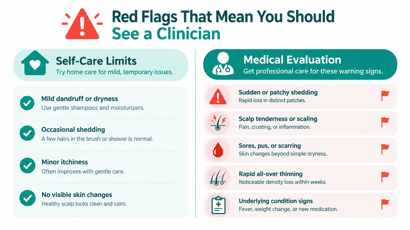 A health infographic detailing signs of scalp issues that require self-care versus professional medical evaluation.