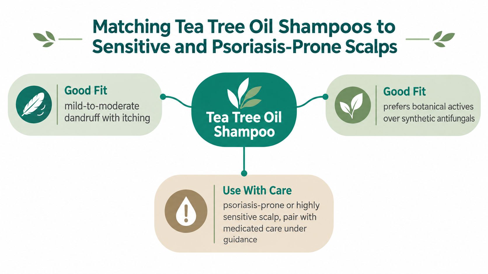 An infographic showing guidelines for using tea tree oil shampoo for sensitive and psoriasis-prone scalps.