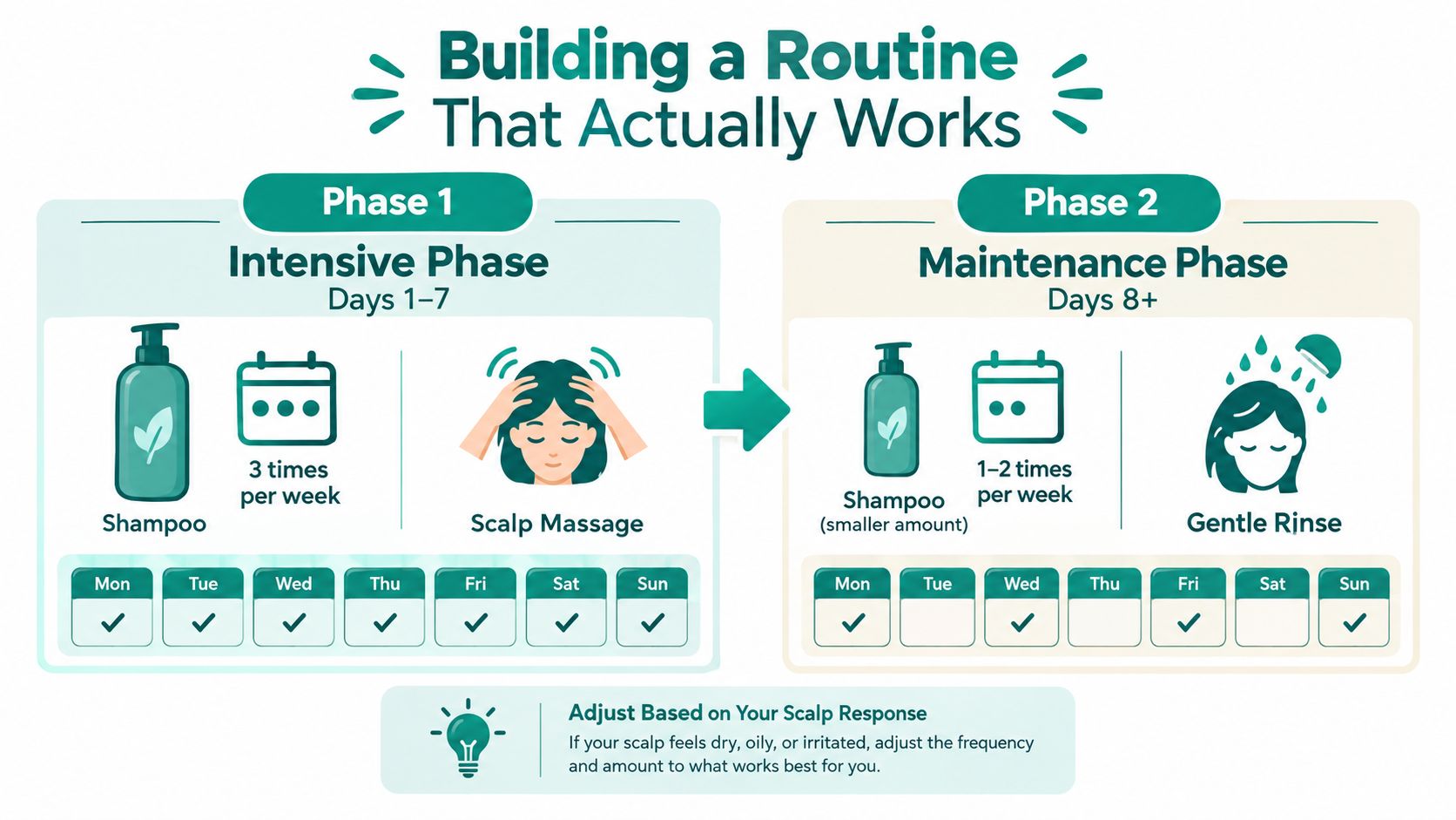 A routine guide showing two phases of scalp care using sulfate free shampoo, with frequency and usage instructions.
