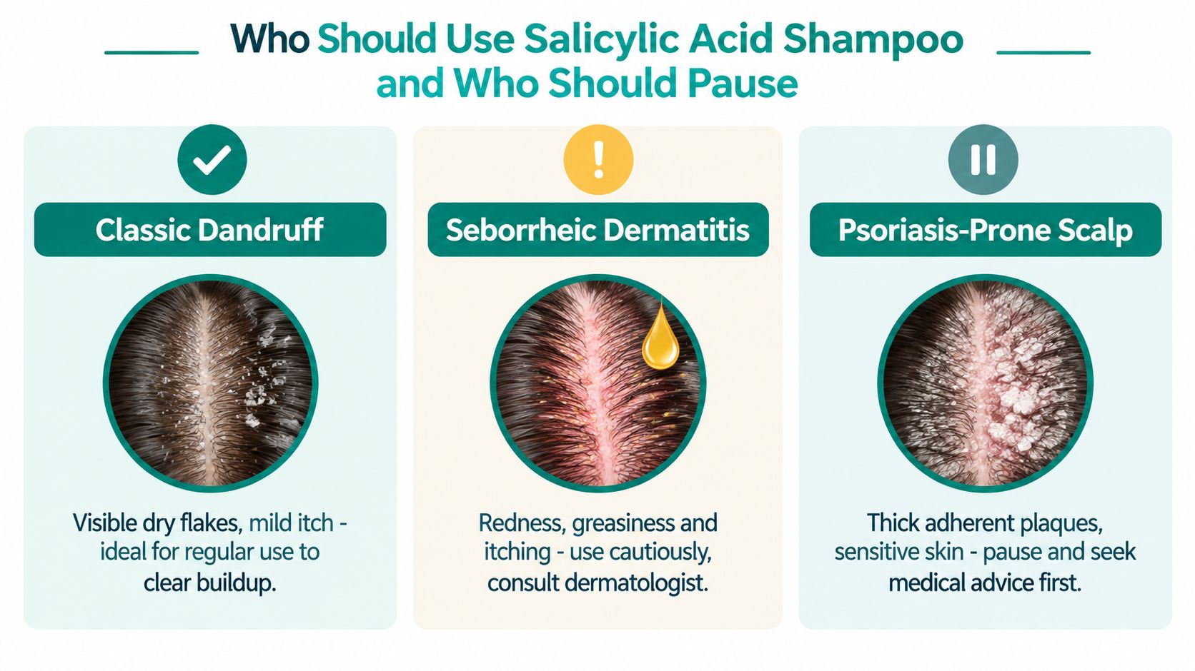 A guide on using salicylic acid shampoo for various scalp conditions including dandruff, seborrheic dermatitis, and psoriasis.