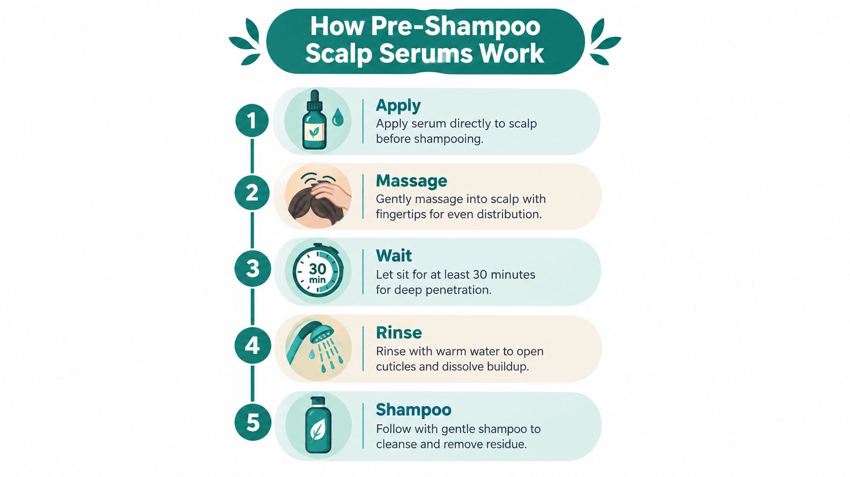 A step-by-step infographic illustrating five simple instructions for using pre-shampoo scalp serum treatments on hair.