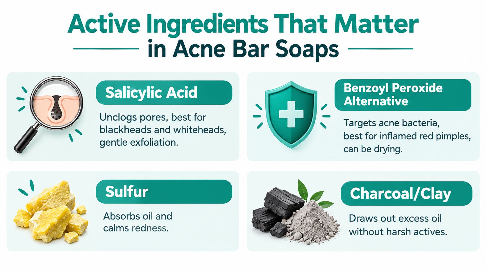 A graphic listing common active ingredients found in acne bar soaps, including their specific skin benefits.