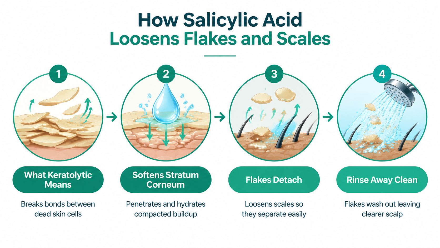 A four-step infographic showing how salicylic acid treats dandruff by loosening and rinsing away scalp scales.