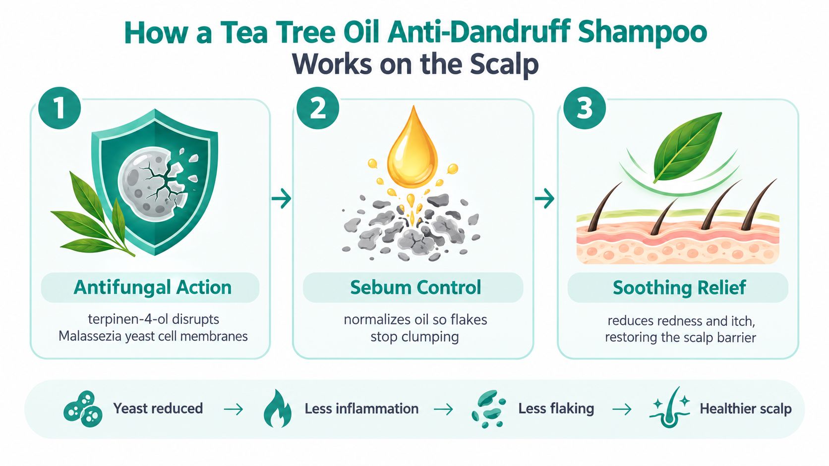 An infographic illustrating how tea tree oil anti-dandruff shampoo works through antifungal action, sebum control, and soothing relief.