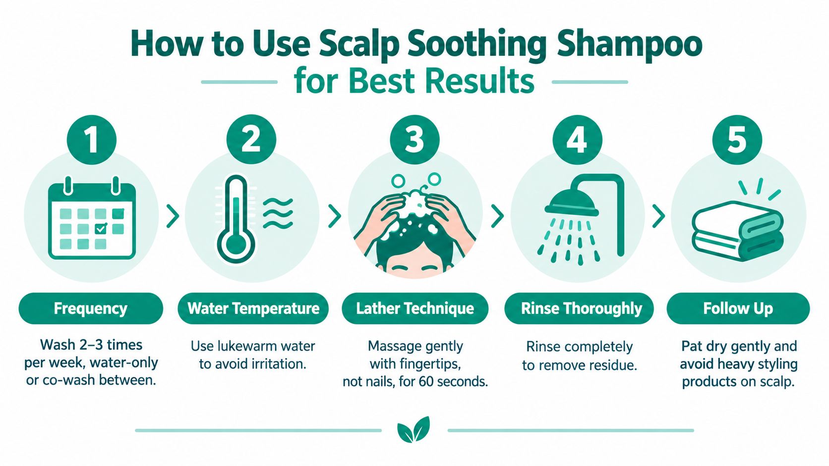 A five-step infographic showing how to properly use a scalp soothing shampoo for optimal results.