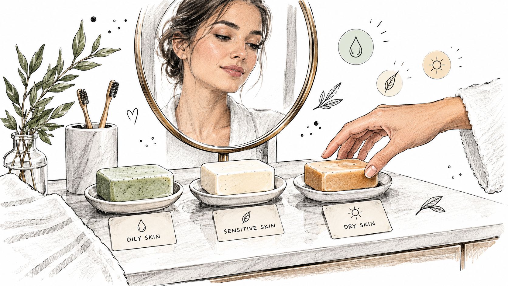 A woman looks in a mirror while choosing from different bar soaps labeled for various skin types.