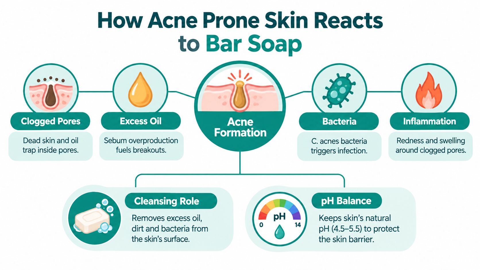An infographic showing how acne forms and how bar soap influences skin health and pH balance.