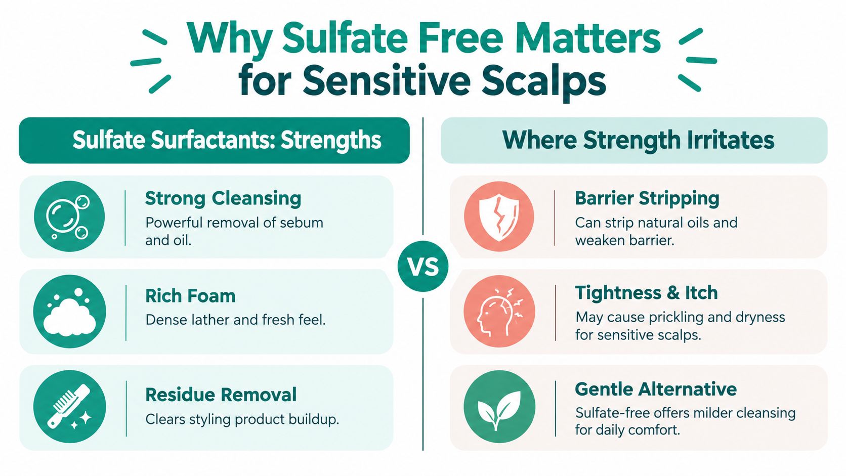 An infographic comparing the benefits of sulfate surfactants versus the soothing advantages of sulfate-free scalp products.