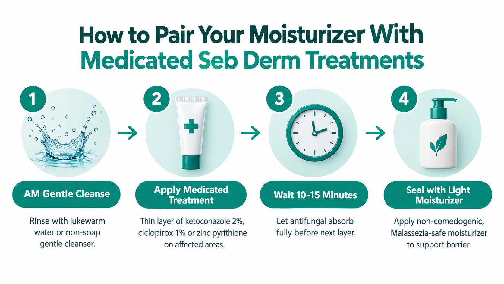 A four-step instructional guide on how to correctly apply moisturizer alongside medicated seborrheic dermatitis facial treatments.