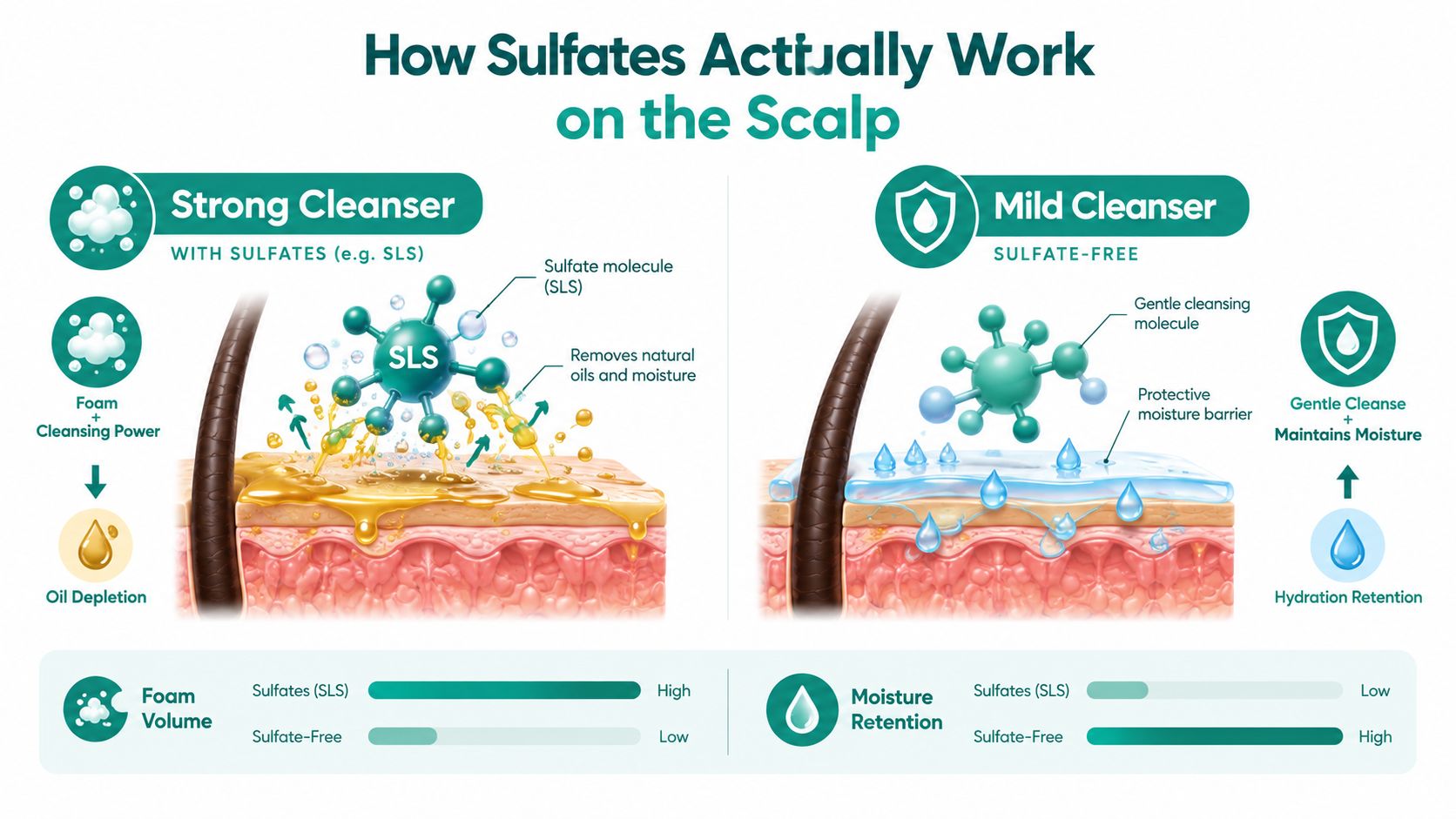 An infographic comparing how sulfate-containing and sulfate-free shampoos cleanse the scalp and impact moisture retention.