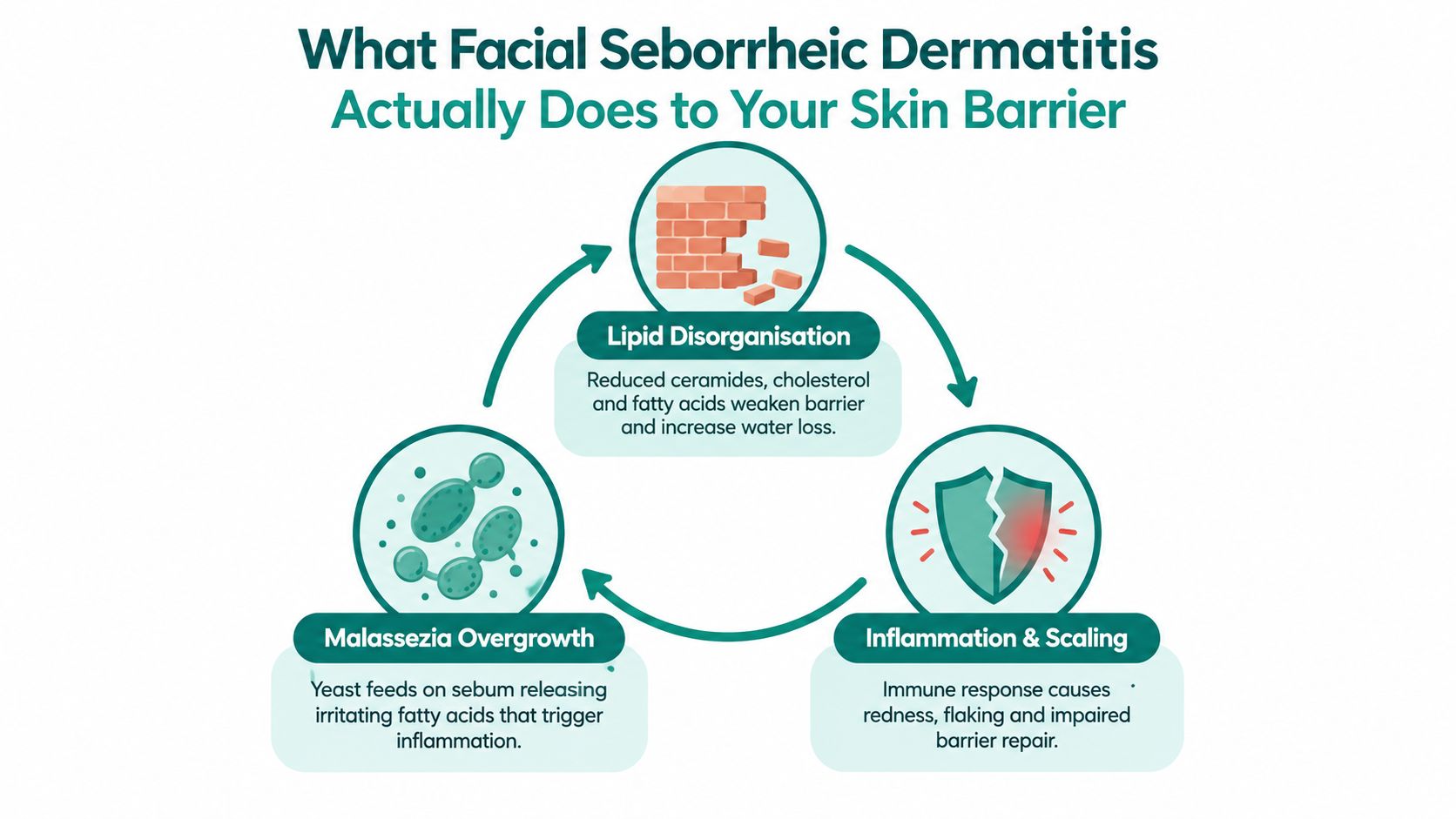 A flow chart illustrating how facial seborrheic dermatitis affects the skin barrier through malassezia overgrowth, lipid disorganization, and inflammation.