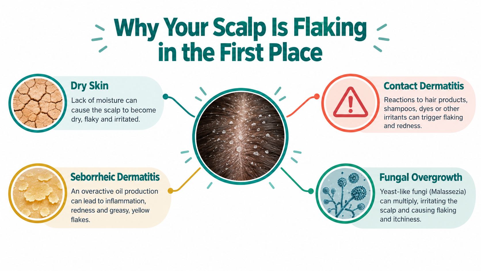 An infographic showing four common causes of a flaking scalp: dry skin, seborrheic dermatitis, contact dermatitis, and fungal overgrowth.