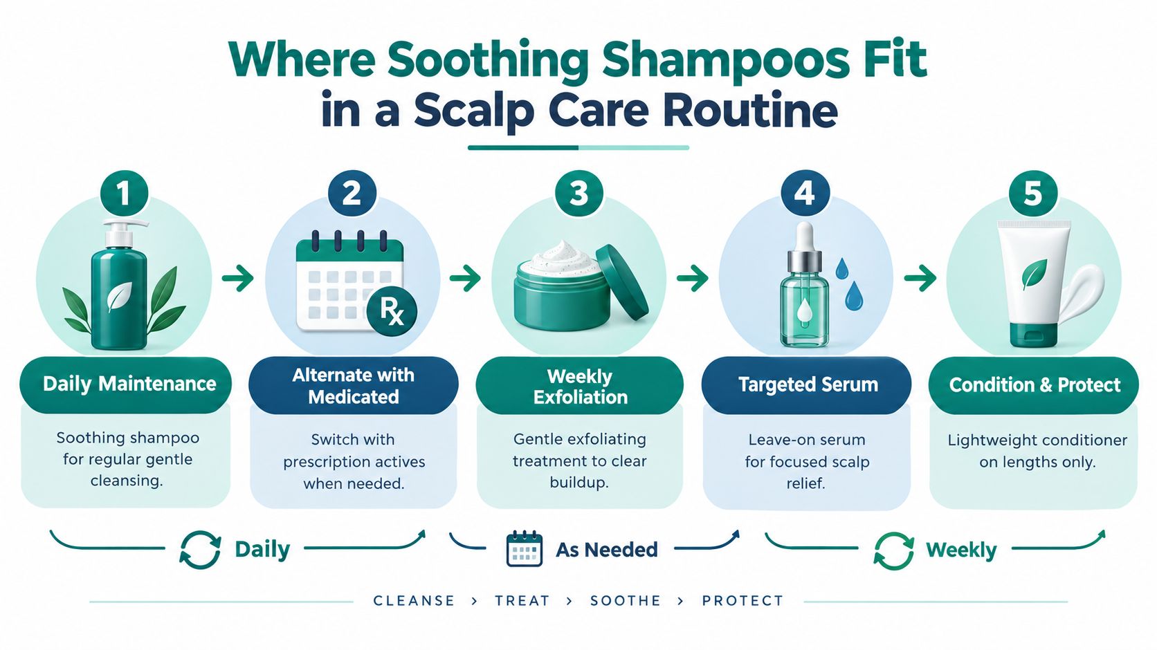 A five-step instructional diagram illustrating how to incorporate soothing shampoos into a balanced scalp care routine.