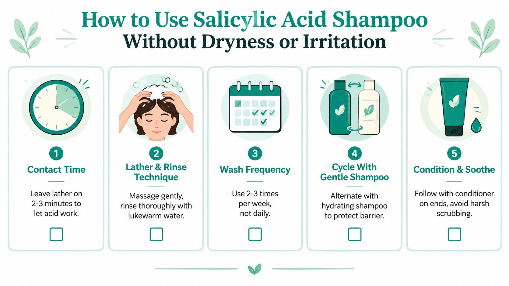 An infographic outlining five essential tips for using salicylic acid shampoo to prevent dryness and scalp irritation.