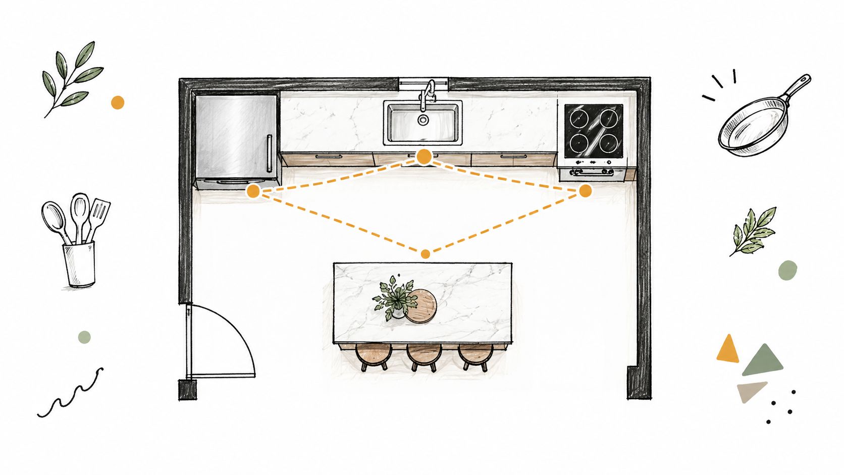 An overhead kitchen floor plan sketch showing the work triangle connecting the refrigerator, sink, and stove.