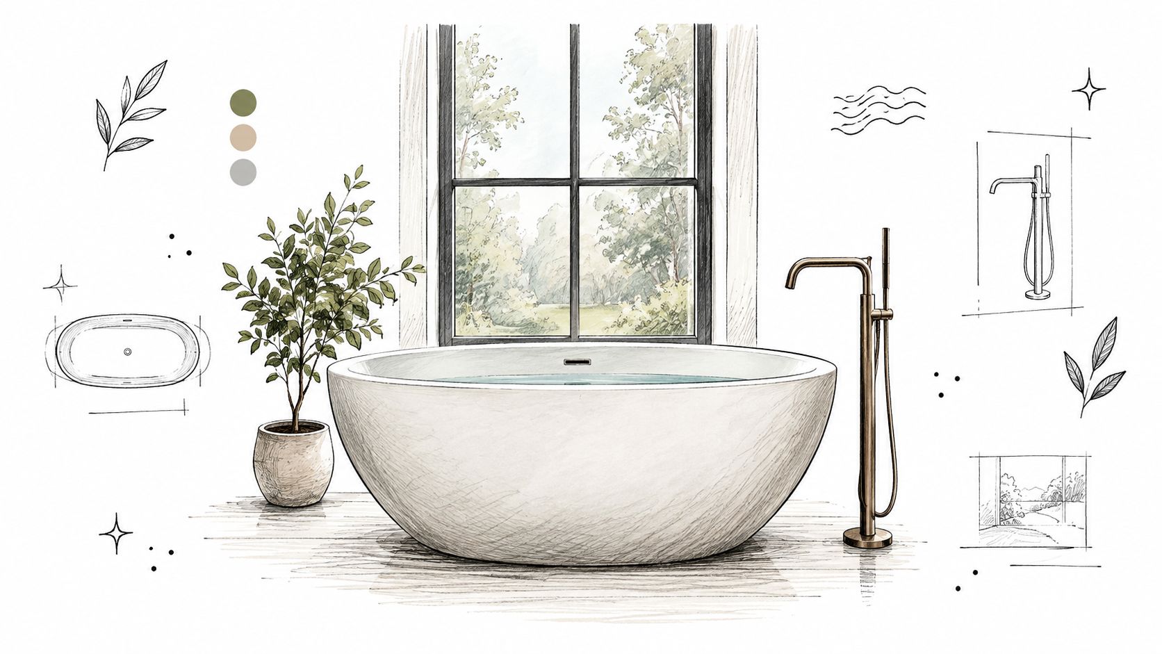 A soft pencil sketch design of a modern bathroom featuring a freestanding tub, plant, and window view.