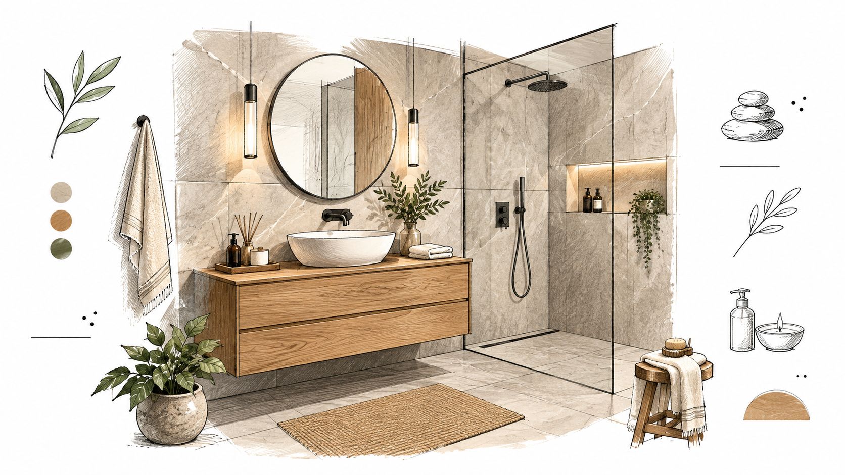 A modern bathroom sketch with a wooden vanity, marble walls, round mirror, and a walk-in glass shower.