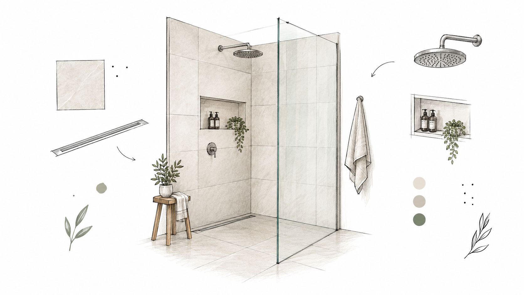 A detailed architectural sketch of a modern minimalist walk-in shower design with neutral tiles and greenery.
