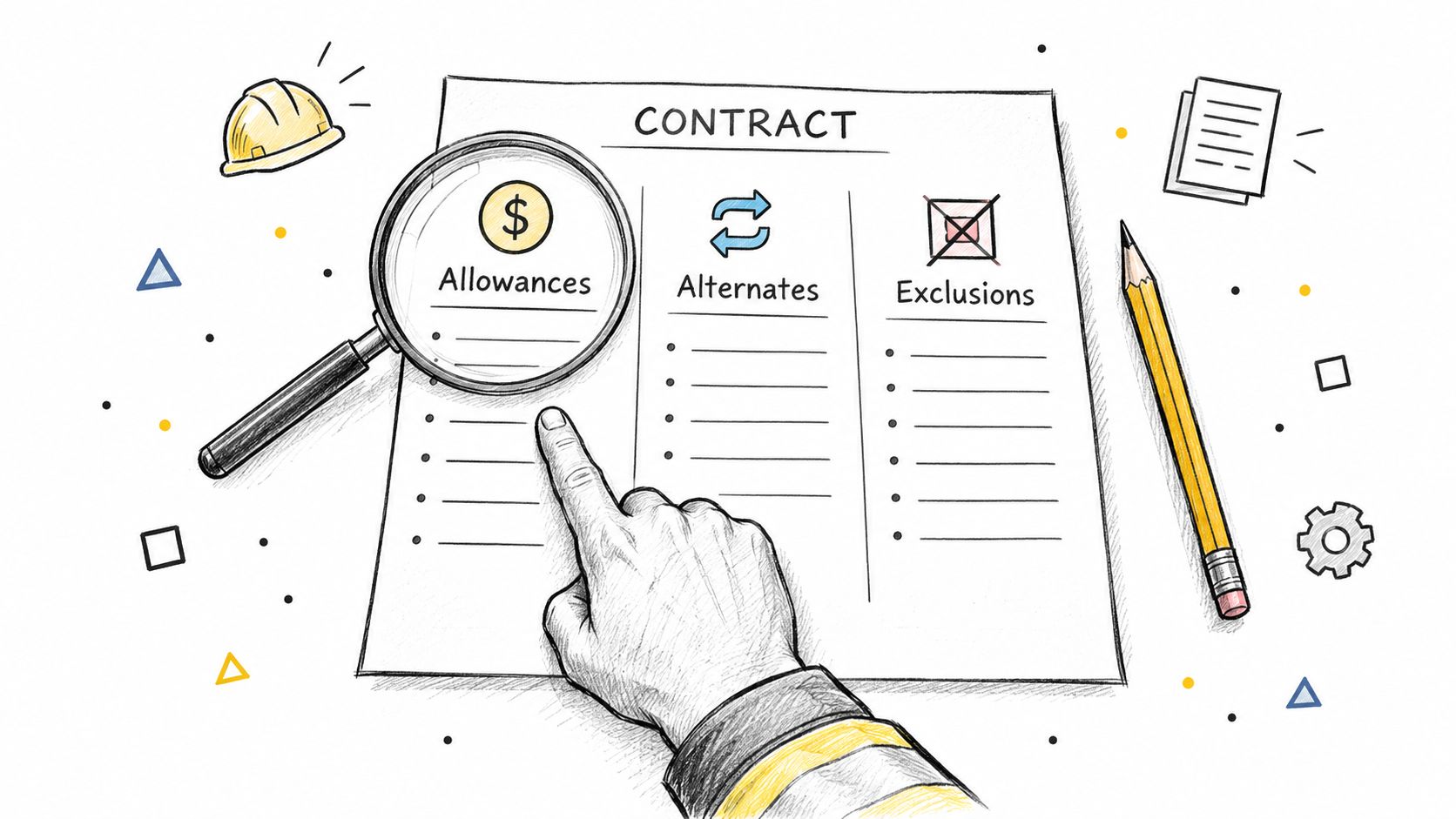 A hand points to the allowances section of a construction contract document with a magnifying glass.