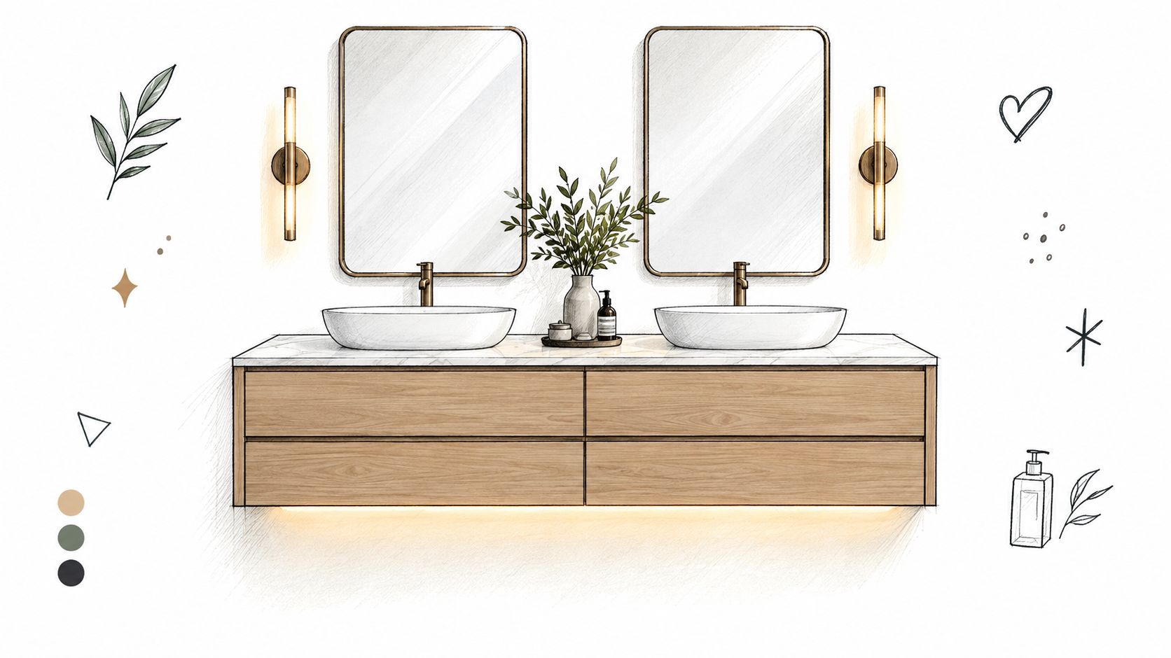 A modern bathroom vanity sketch featuring two sinks, wood cabinetry, warm lighting, and minimalist wall mirrors.