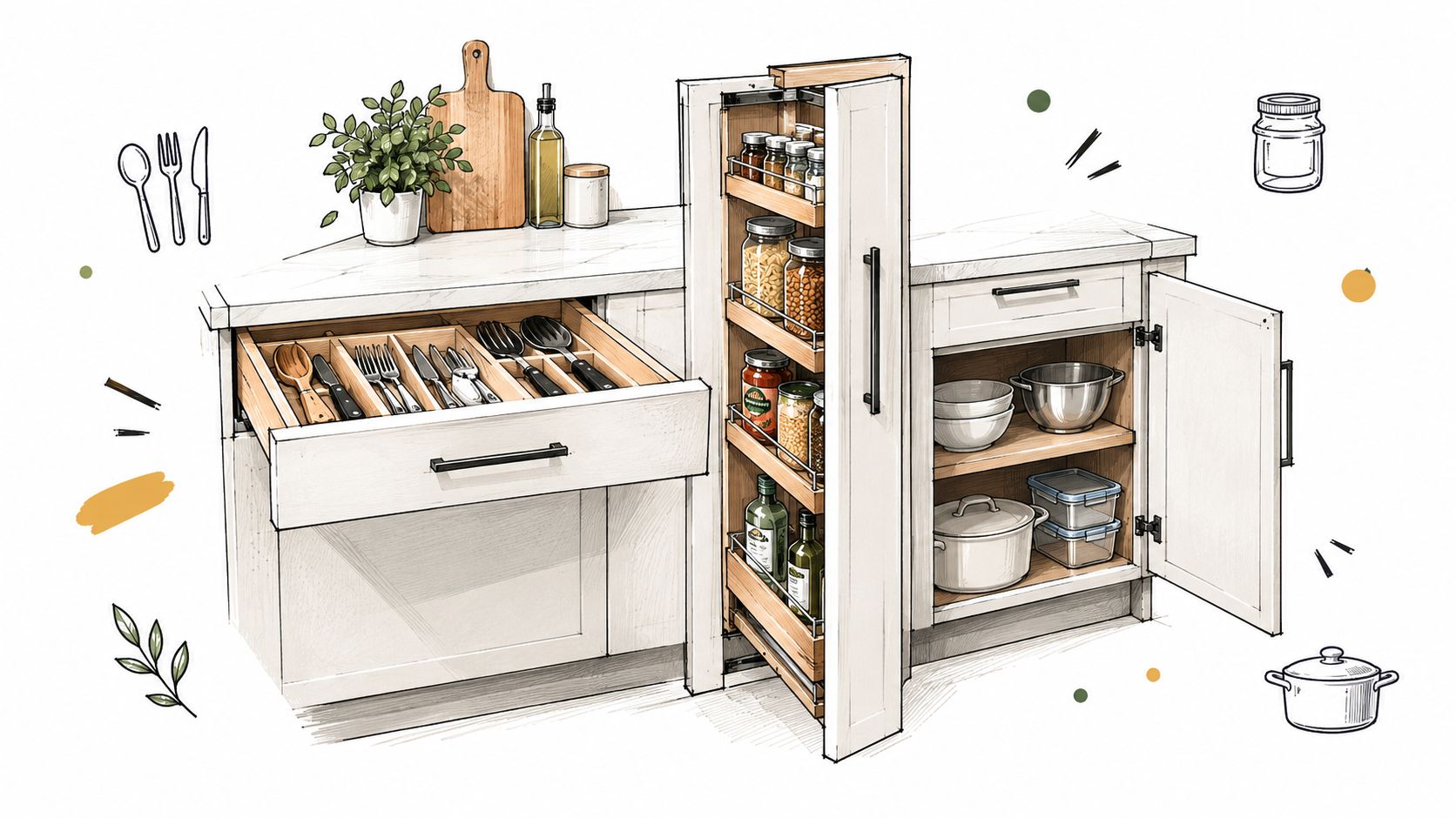 A detailed kitchen sketch showcasing a drawer, a narrow pull-out spice rack, and a cabinet with storage.
