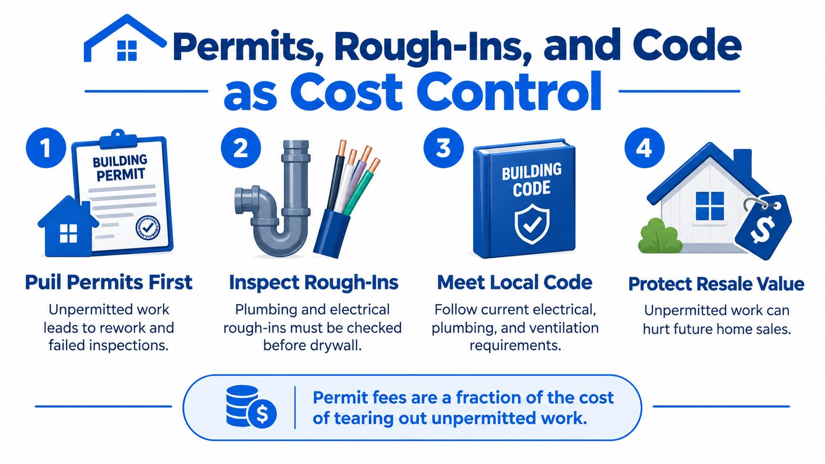 An infographic showing four steps for cost-effective home renovation including permits, inspections, code compliance, and resale value.