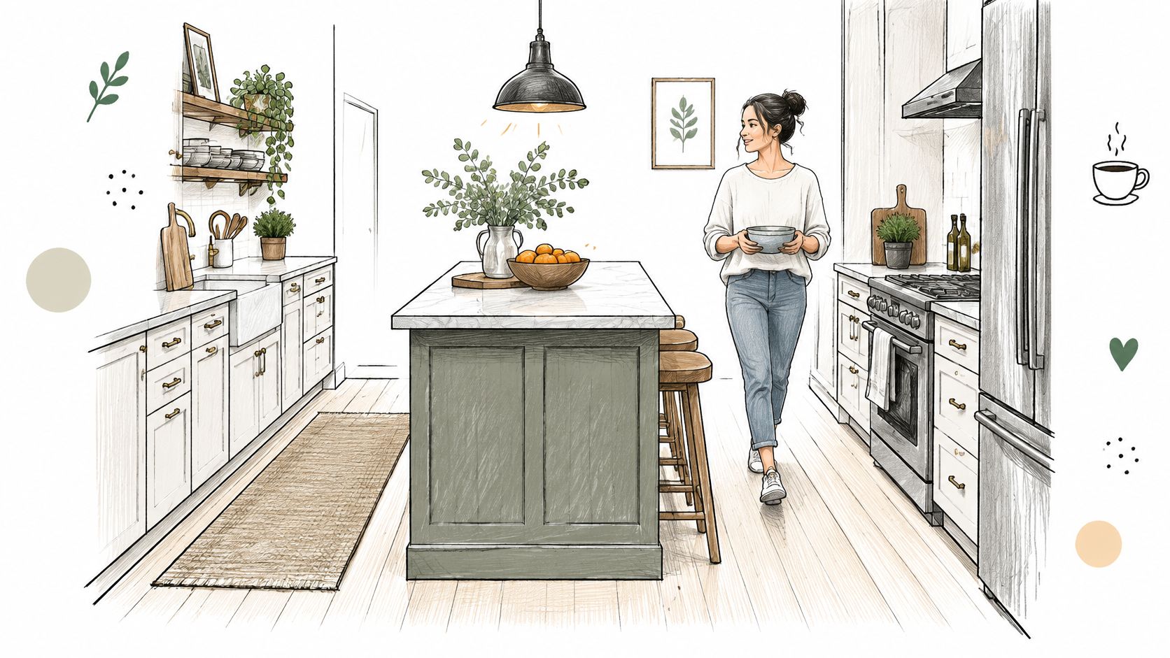 A woman carrying a bowl in a modern farmhouse kitchen with a green island and wooden stools.