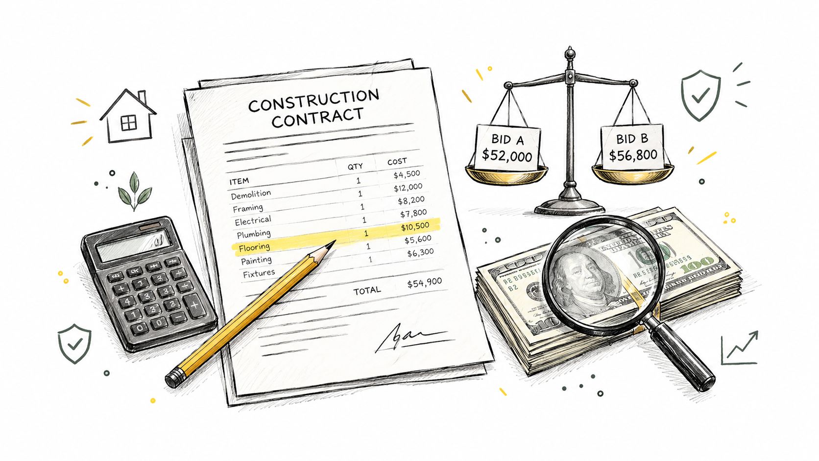 A construction contract document with cost estimates, a calculator, money, and scales comparing two different bids.