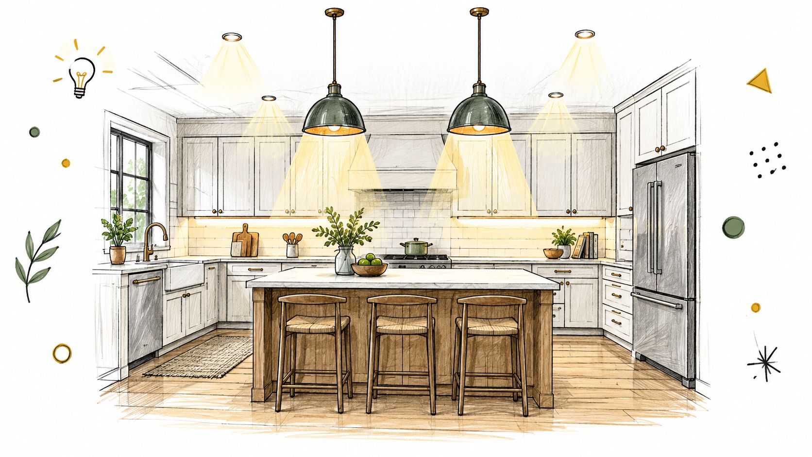 A detailed architectural sketch of a modern kitchen with a central island, bar stools, and warm lighting.