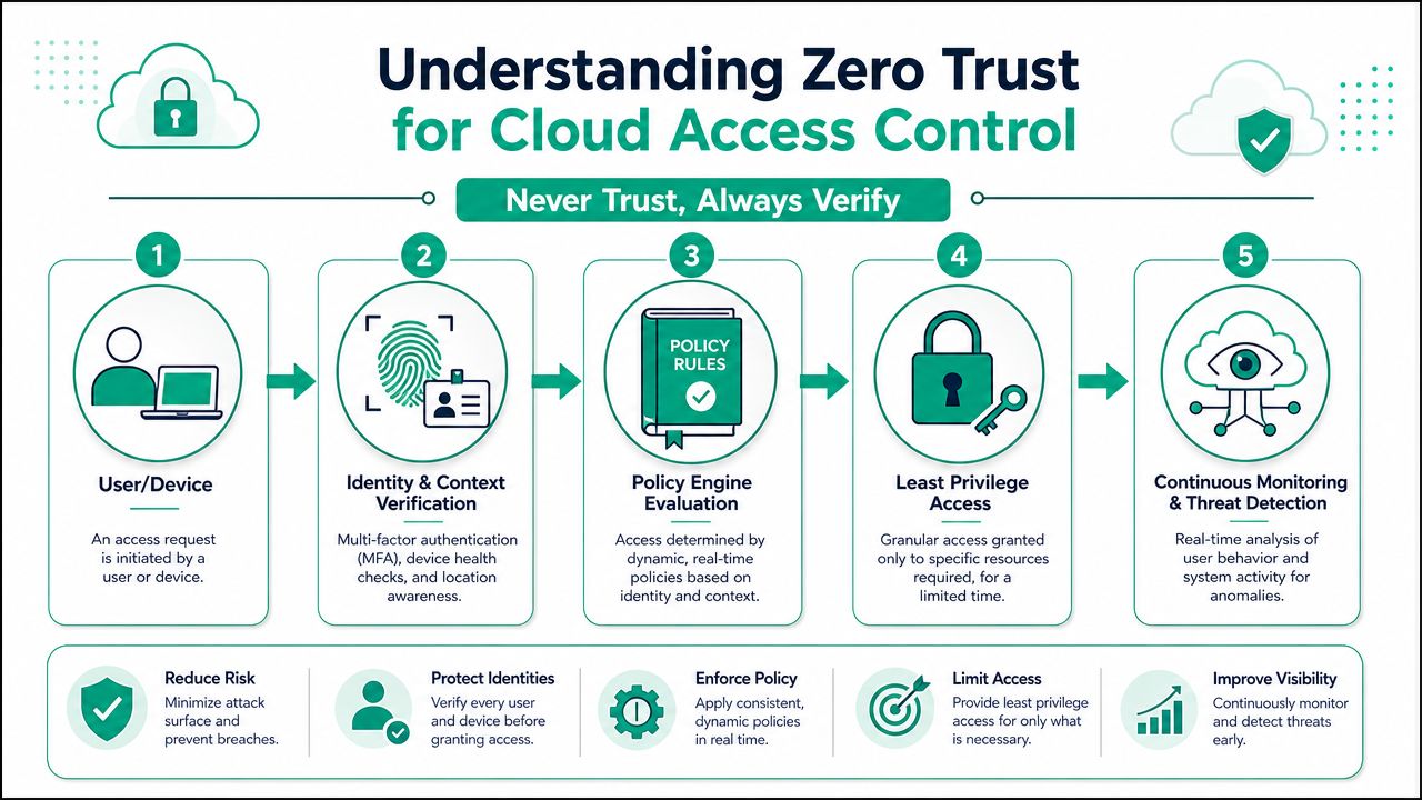 A five-step infographic explaining the Zero Trust model for secure cloud-based access control and threat management.