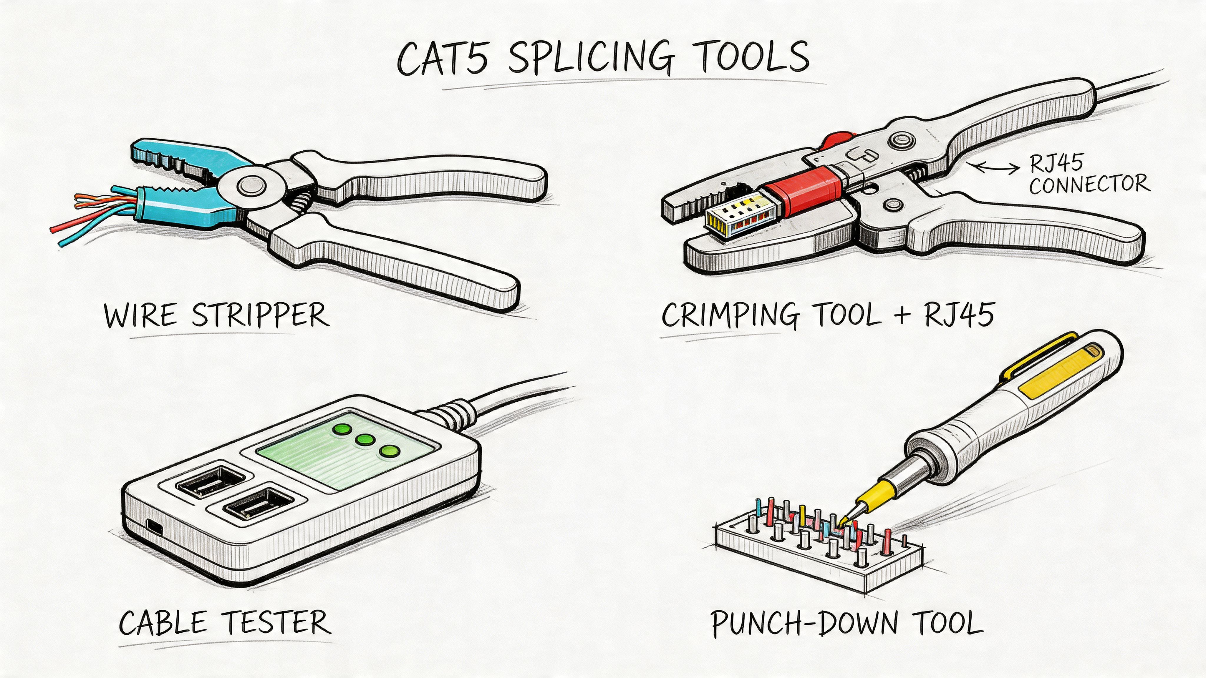 A diagram illustrating essential CAT5 splicing tools including a wire stripper, crimping tool, cable tester, and punch-down tool.