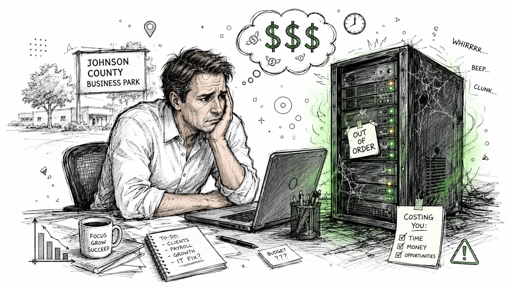 A stressed businessman sits at a desk next to a broken server in a business park.